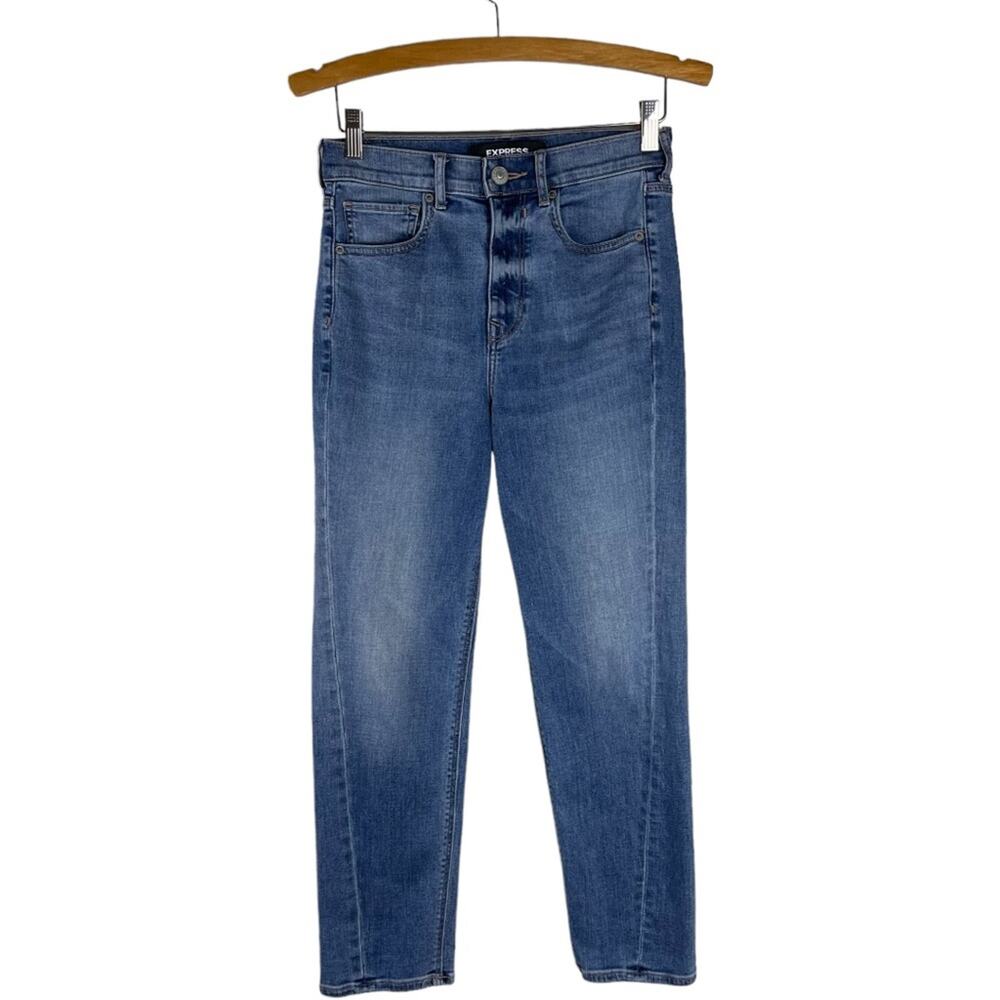 Express blue super high rise ankle mom jeans 2